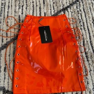 Neon Orange Vinyl Lace Up Mini Skirt
